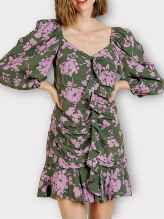 Umgee Dresses & Skirts - Umgee Green Pink Floral Mini Dress Balloon Sleeves Rouched Ruffle Size Small